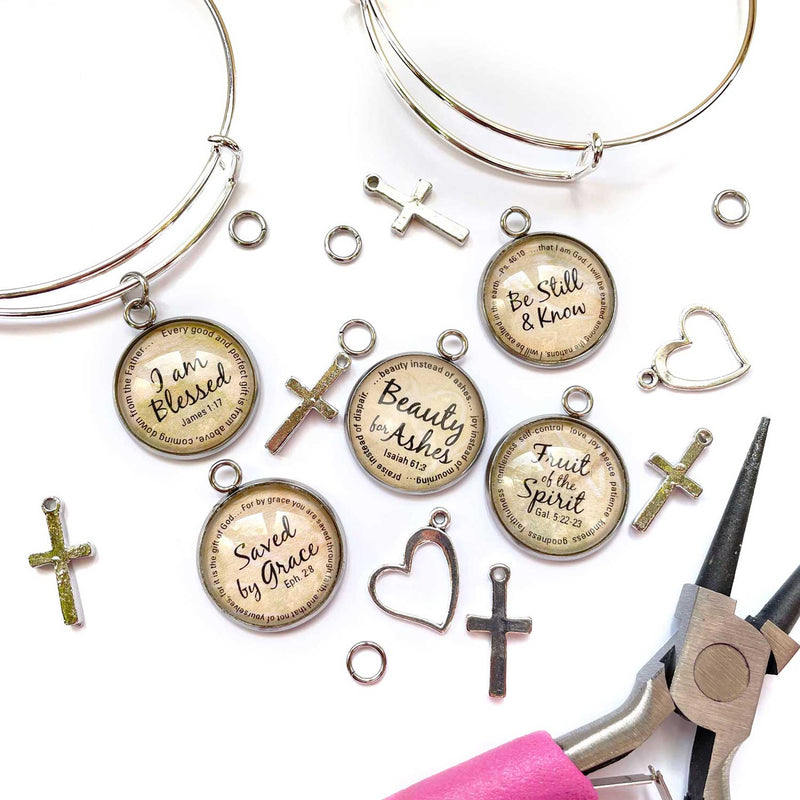 DIY Christian Scripture Charm Bangle Bracelet Making Kit, 5-Pack Set of 5 Finished Bracelets / No Additional Charms